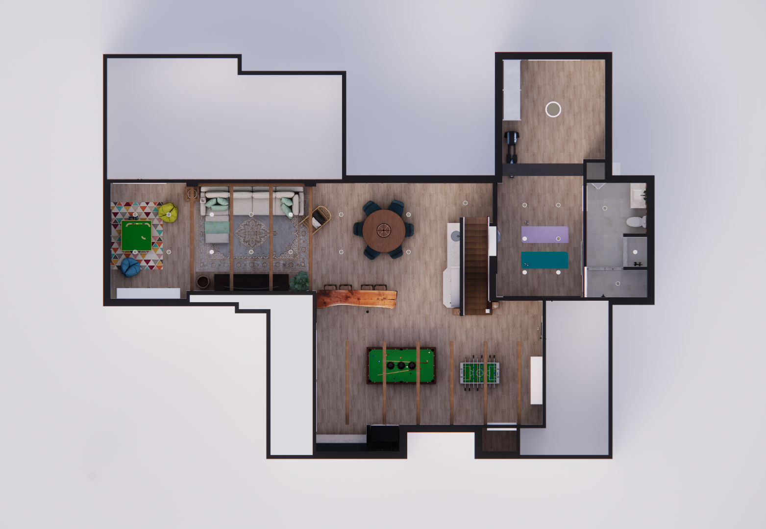 A detailed floor plan of a house interior showing rooms including a kid's play area, a bedroom, a circular dining table, a living area, an exercise room with yoga mats, a game room with a pool table, and a bathroom.