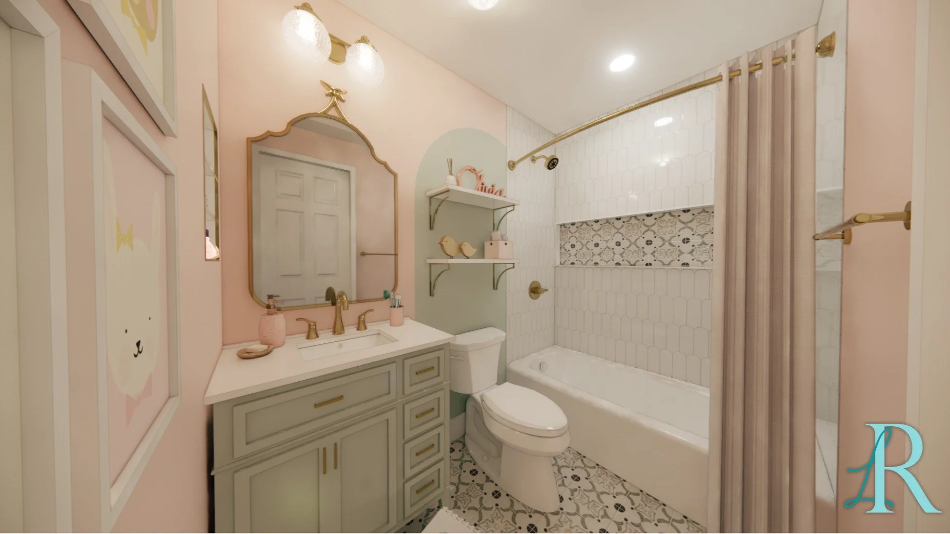 Sharing a recent design for a little girl&rsquo;s bathroom. We wanted something feminine and fun, but still flexible enough to evolve as she grows.

The renderings show two different accent tile options, both paired with neutral finishes to keep the 