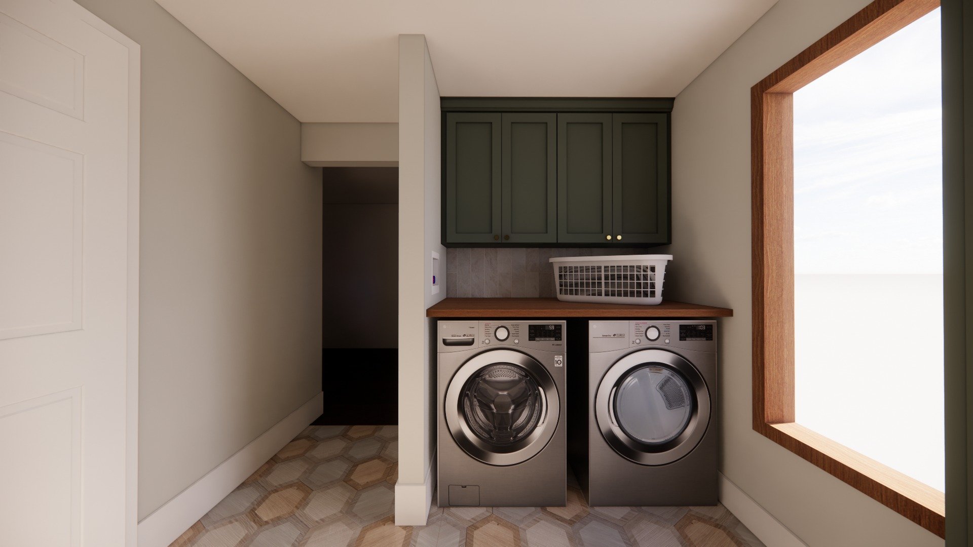 By relocating the garage access, we created a separate area for the laundry and mudroom, improving the flow in and out of the house. Custom cabinetry stores tall items like brooms and vacuums, while added storage for backpacks and shoes keeps the spa