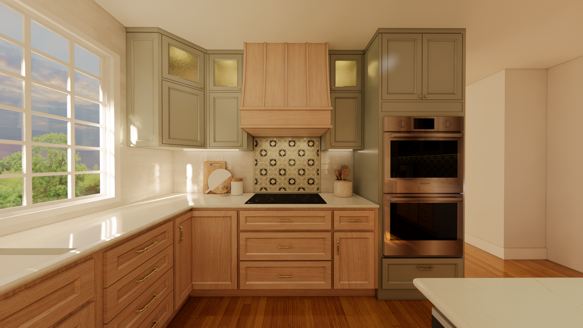 Kitchen with green cabinets, white oak lower cabinets, a window with sunlight and greenery outside, patterned tile backsplash, black cooktop, and built-in oven tower.