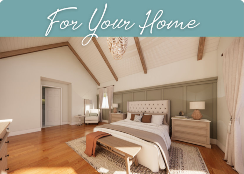 Elegant bedroom with a large bed, nightstands with lamps, a white armchair, and a wooden dresser in a spacious, well-lit room with wooden floors and vaulted ceiling.