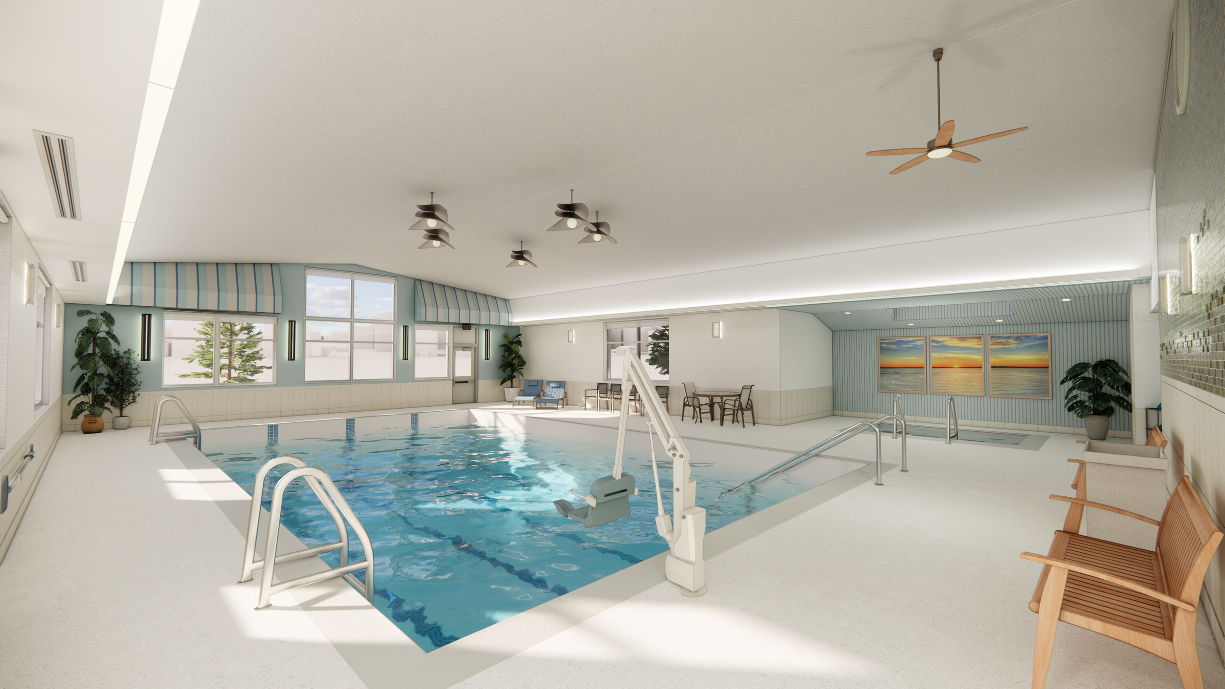 Indoor swimming pool area with large windows, aquatic therapy equipment, lounge chairs, potted plants, framed landscape pictures, ceiling fans, and seating area.