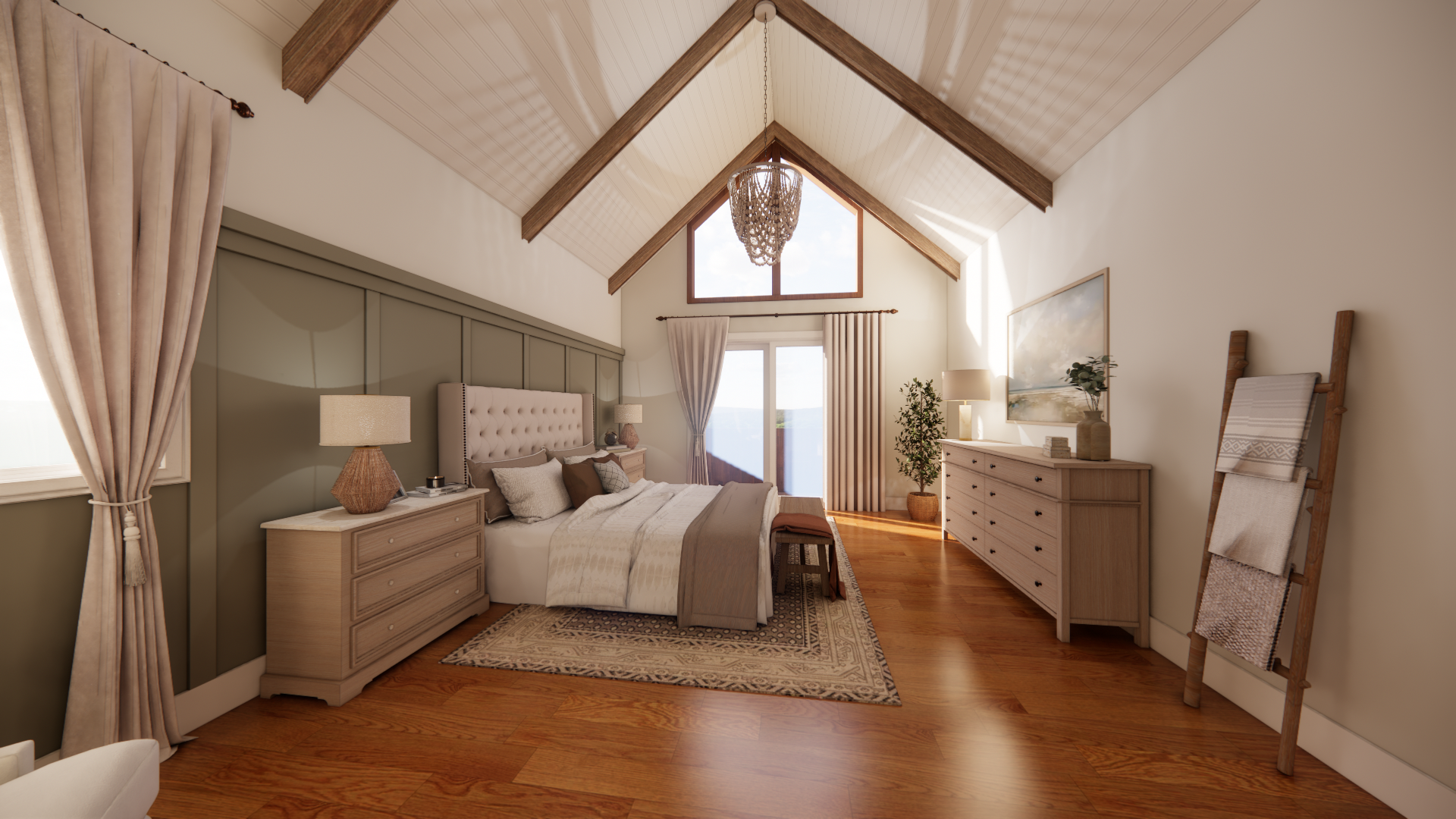 A cozy bedroom with vaulted ceiling, wooden beams, a large window, and soft natural lighting. The bed has a padded headboard, neutral bedding, and decorative pillows. Two bedside tables with lamps flank the bed. A dresser with decor, a potted plant, and a framed painting are against the walls. Curtains frame the windows, and an area rug sits under the bed. An angled window provides outdoor views, creating a warm, inviting atmosphere.