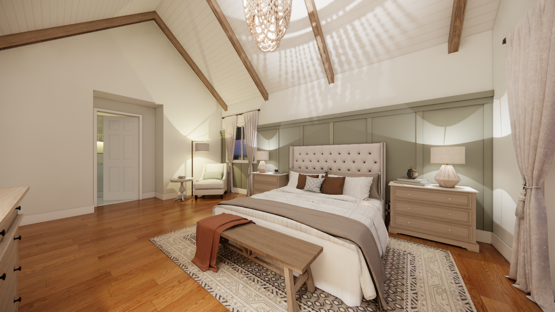 A bedroom with a high, vaulted ceiling with exposed wooden beams, a chandelier, and cream-colored walls. There is a large bed with a tufted headboard, multiple pillows, and a bedspread. Two nightstands with lamps are on either side of the bed, and there is a bench at the foot of the bed. A window with curtains is to the left, and an armchair with a side table and lamp is in the corner.