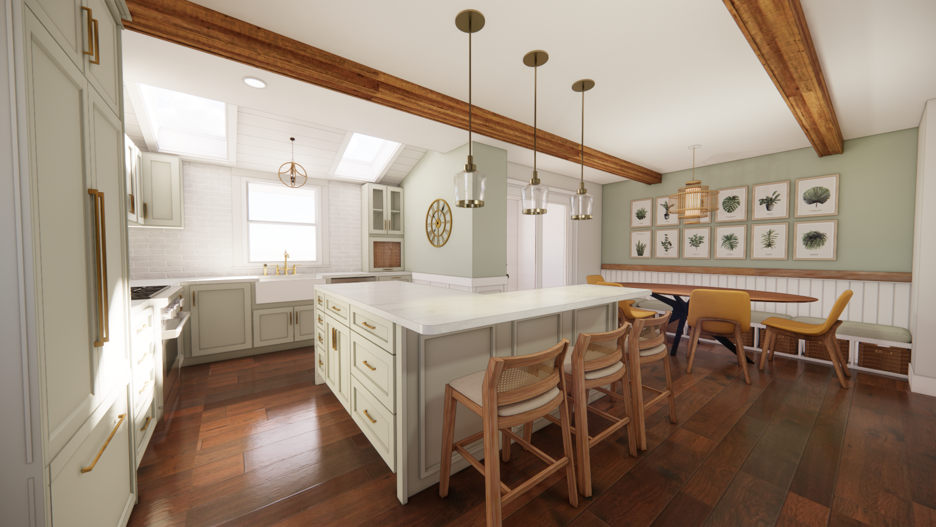 Modern kitchen and dining area with wooden floors, white cabinetry, an island, pendant lights, framed plant art on green wall, and dining table with yellow chairs.