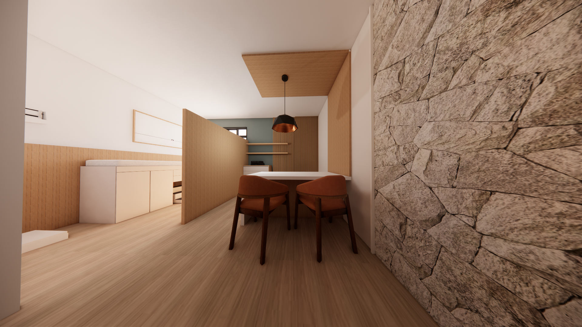 Modern interior living space with a stone accent wall, wooden flooring, and minimalist furniture including a table and chairs.