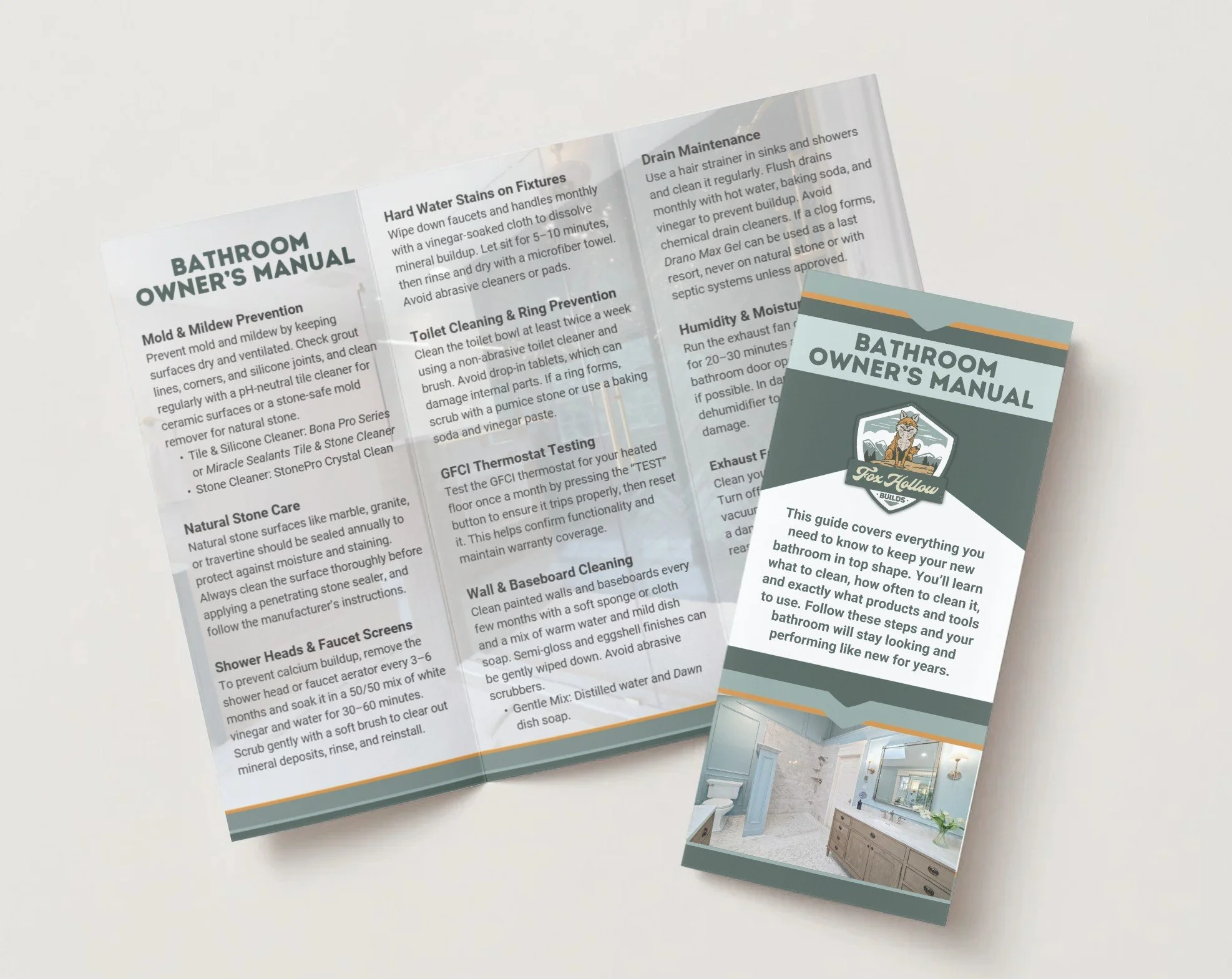 A folded bathroom owner's manual brochure and a smaller vertical guide with a bathroom image. The manual covers topics like mold prevention, stone care, cleaning schedules, drain maintenance, and humidity control. The guide indicates it includes tips on keeping a bathroom in top shape and maintaining its appearance over years.