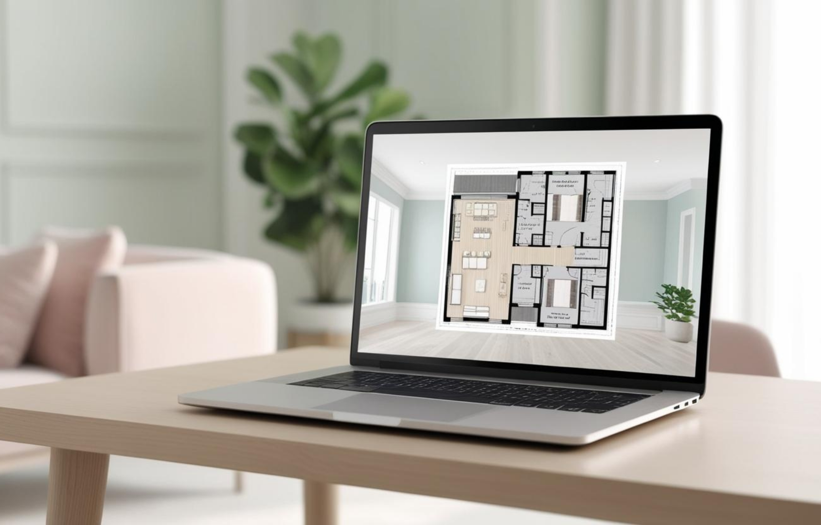 Laptop on a wooden table displaying a floor plan of a house in a bright, modern living room with light-colored walls and large windows, and a potted plant in the background.