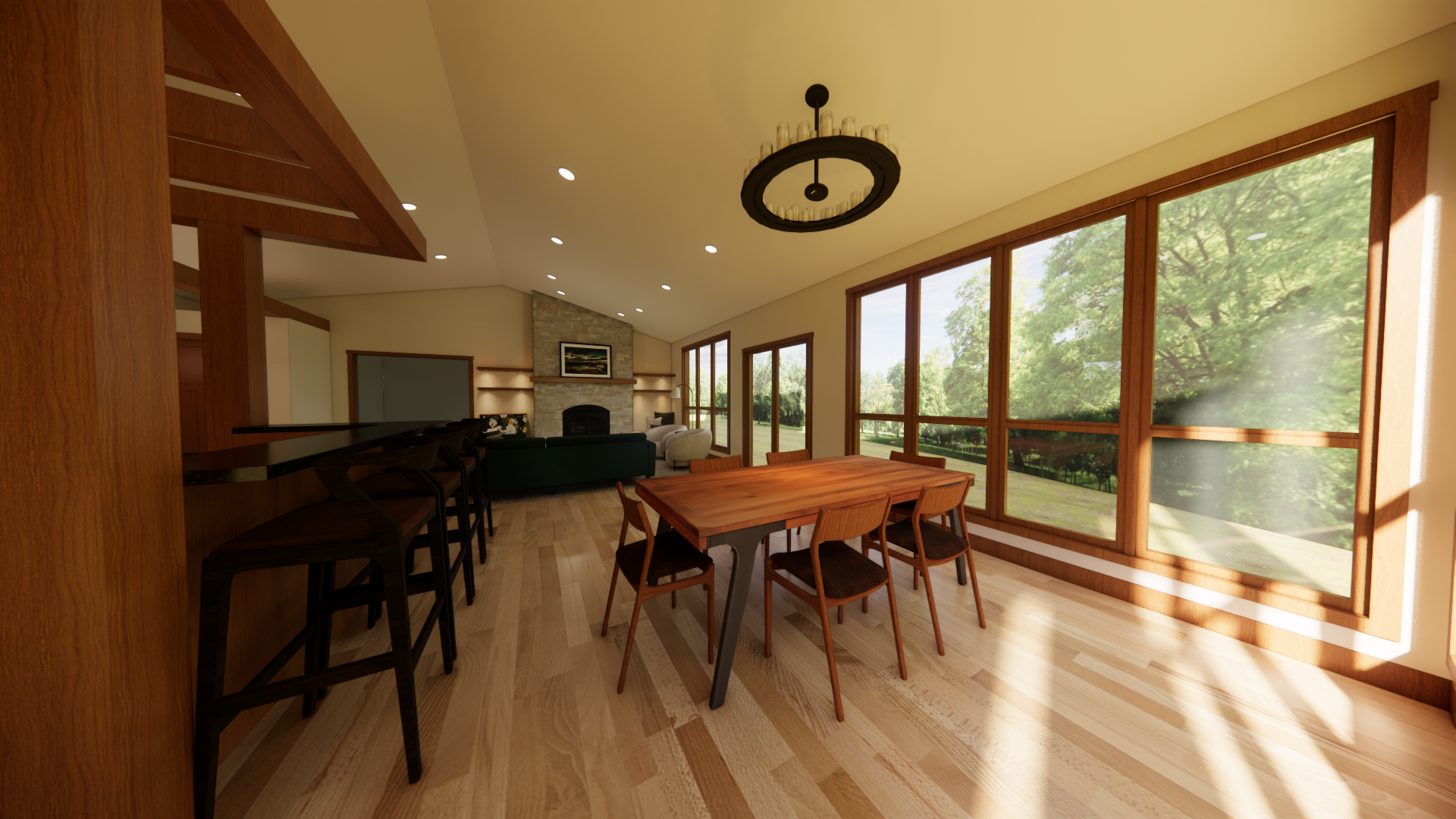 Bright dining and living room with large windows, wooden furniture, fireplace, and nature view.