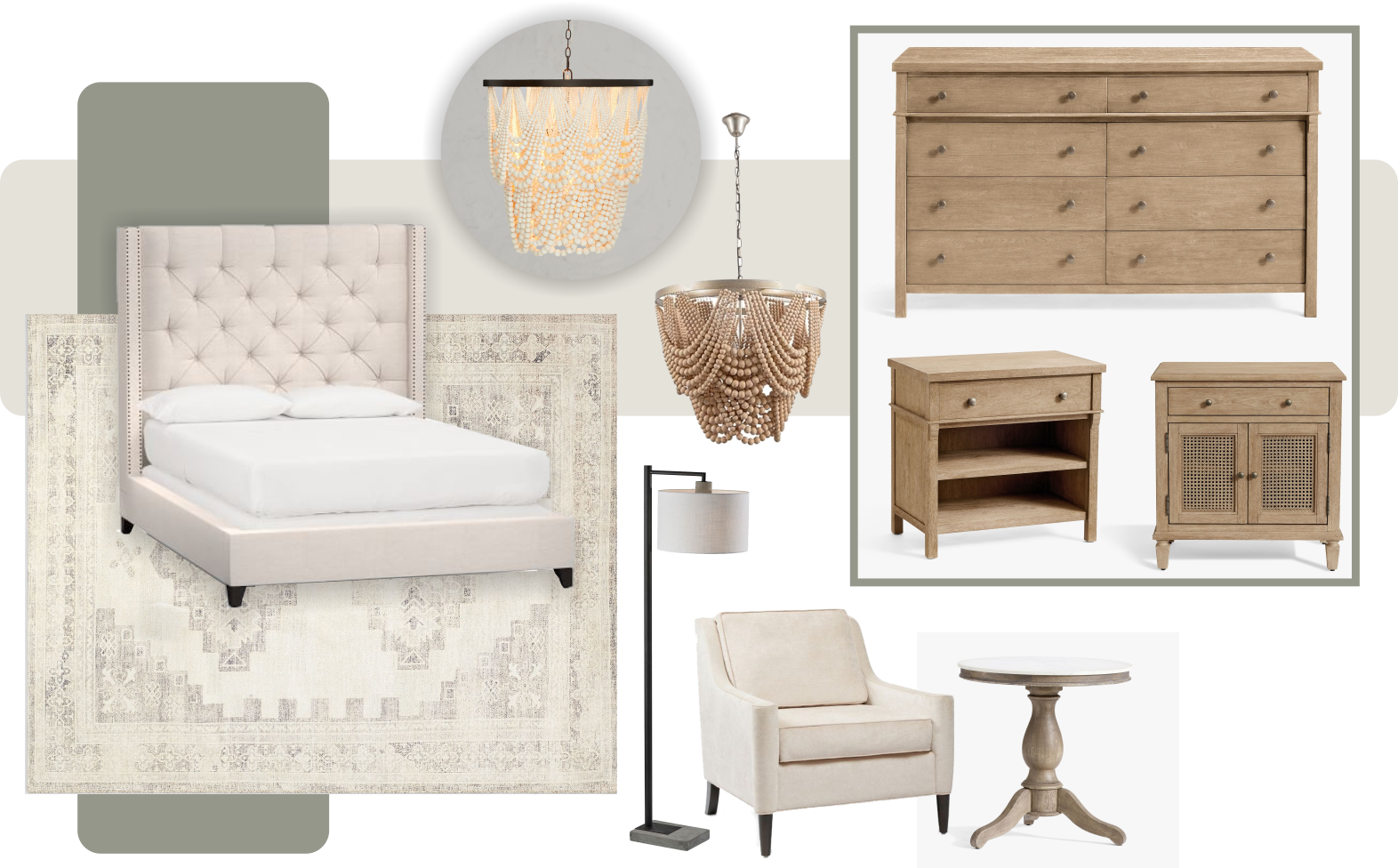 Bedroom furniture and decor with a white upholstered bed, vintage rugs, beige wooden dressers, a beige armchair, a round side table, a floor lamp, and two chandeliers.
