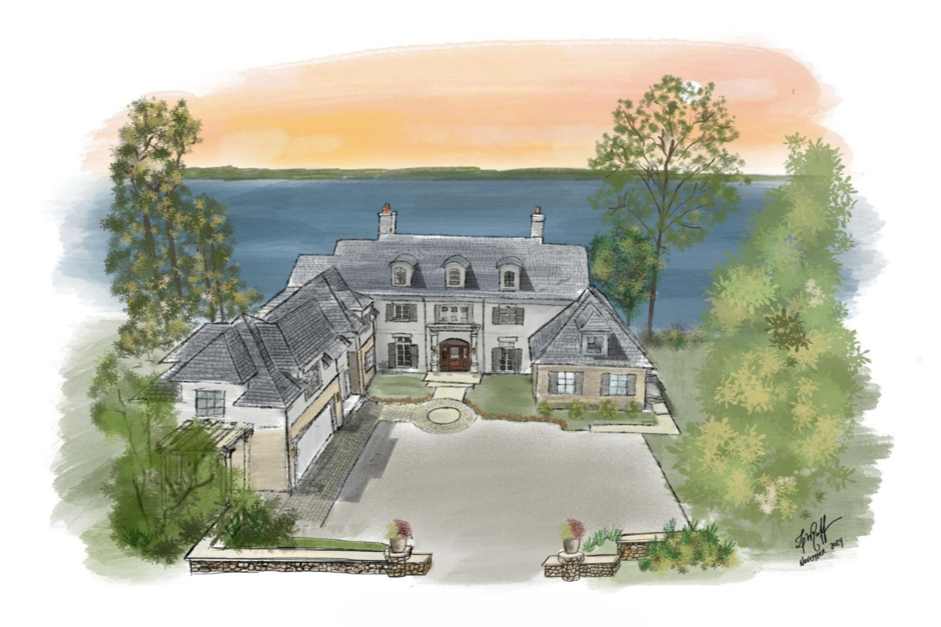 A watercolor illustration of a large, elegant house with a gray roof, surrounded by trees and overlooking a body of water at sunset.