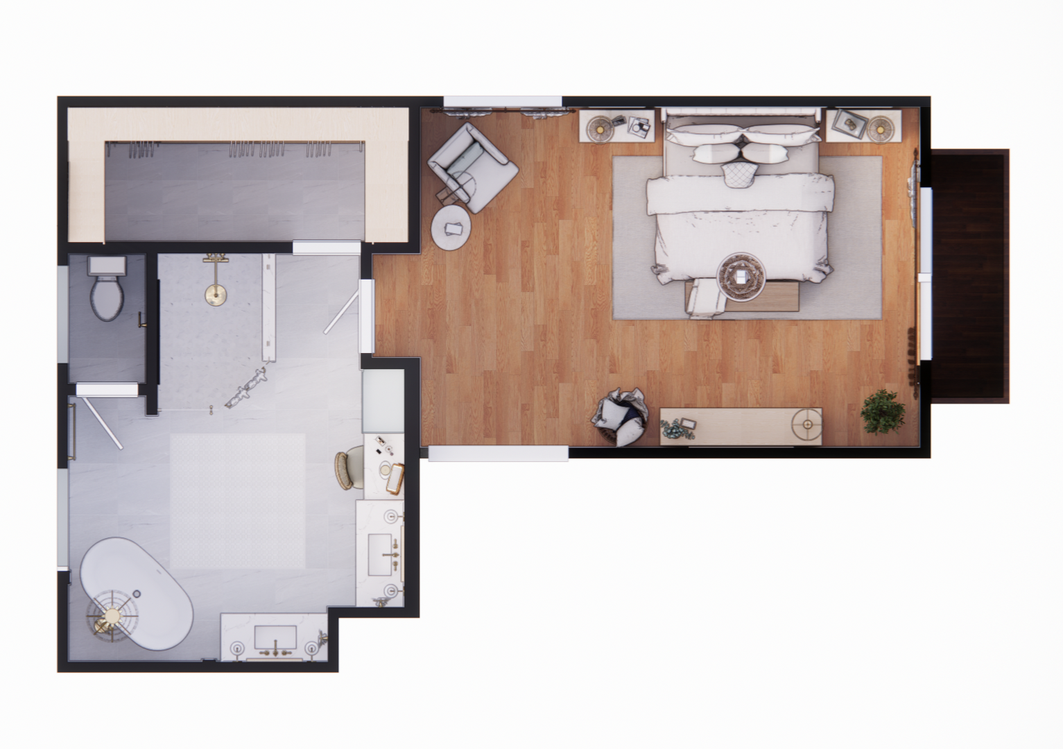 A top-down view of a bedroom with a large bed, nightstands, a sitting area with a chair and a small table, and a balcony. Adjacent to the bedroom is a bathroom with a bathtub, toilet, and shower.