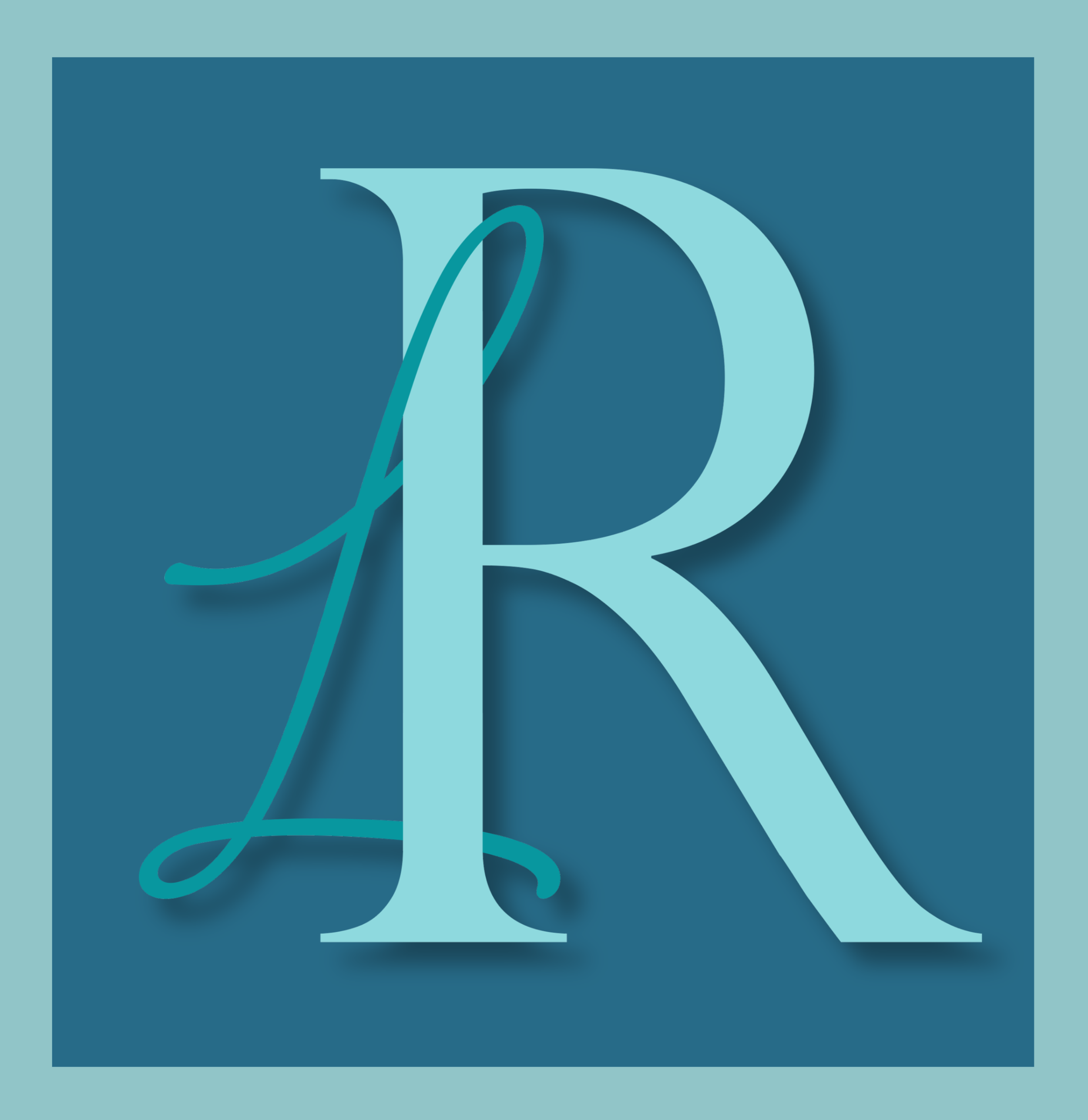 Graphic design featuring a large uppercase letter R in light blue with a cursive letter R overlayed in darker teal, set against a dark blue square background. The entire image is framed by a lighter blue border.