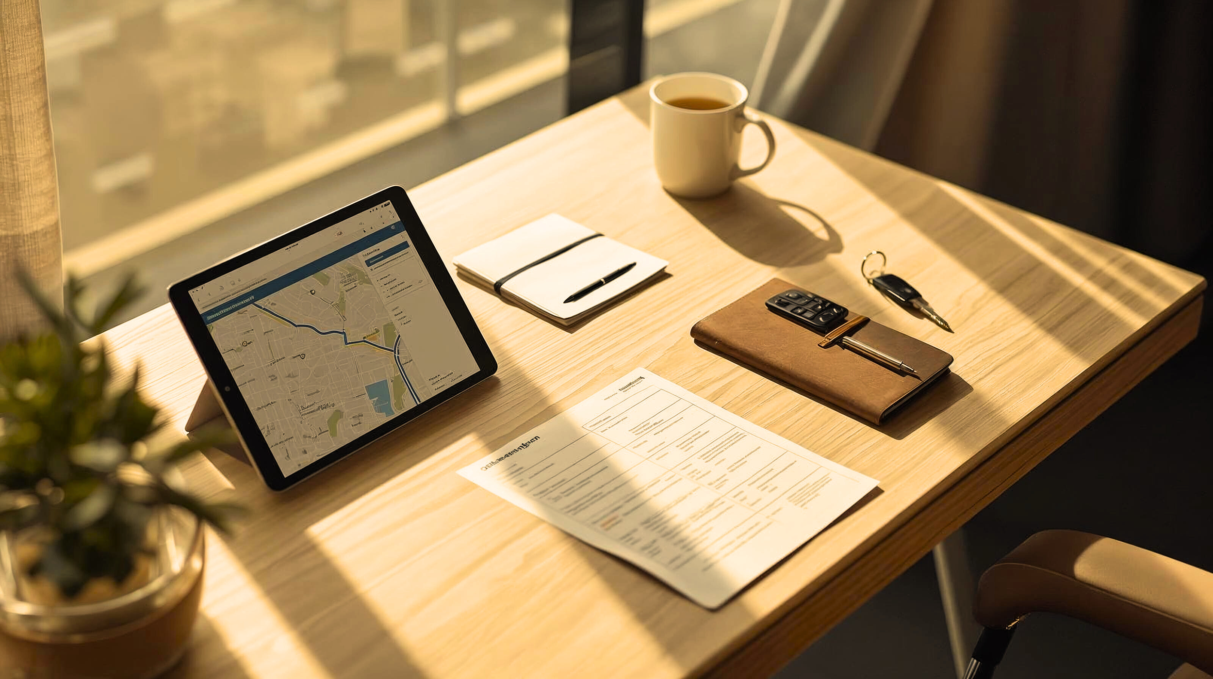 A wooden desk with a tablet displaying a map, a white coffee mug, a notebook with a pen, a brown leather planner with keys and a pen, a set of car keys, and a printed document. Sunlight streams through a window, casting shadows on the items.