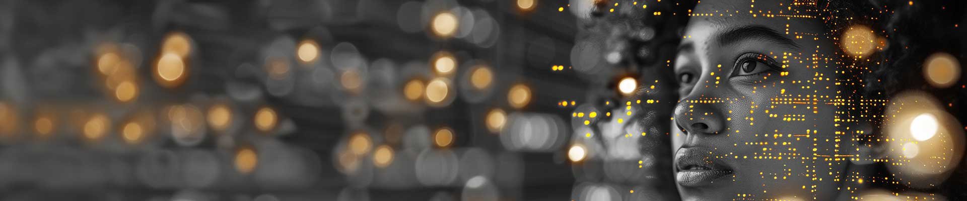 A black and white photo of a woman's face with digital glowing orange data overlays and bokeh lights in the background.