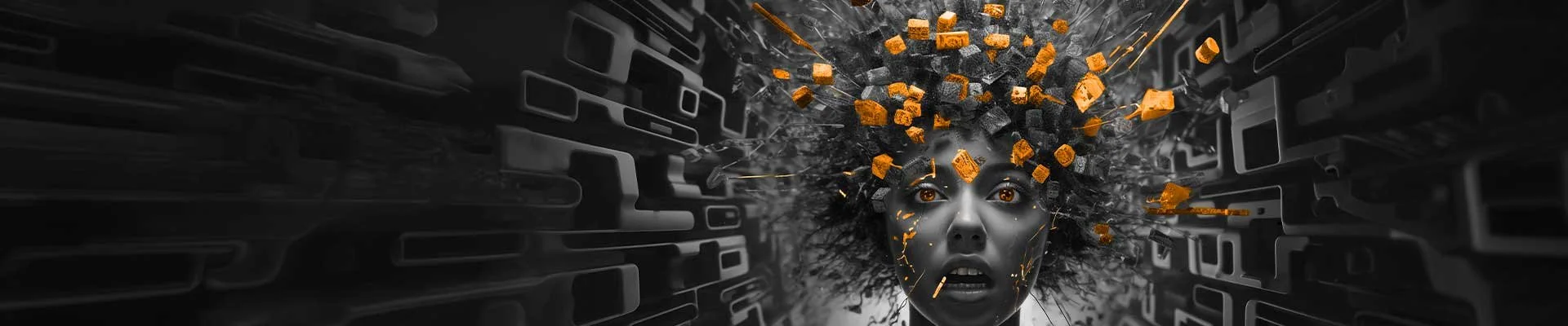Digital artwork of a woman's face with an intense expression, surrounded by black and orange abstract geometric shapes and fragments, creating a futuristic and surreal visual effect.