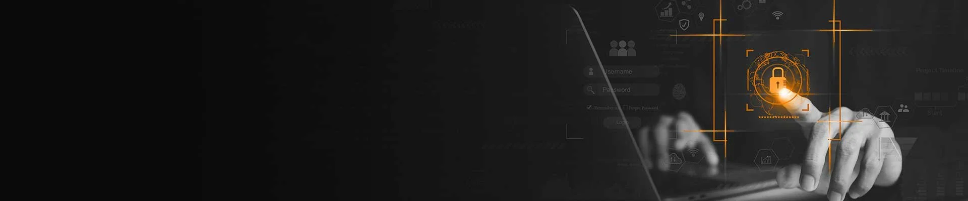 A person using a finger to touch a digital lock icon on a futuristic touchscreen interface, with security and technology graphics in the background.