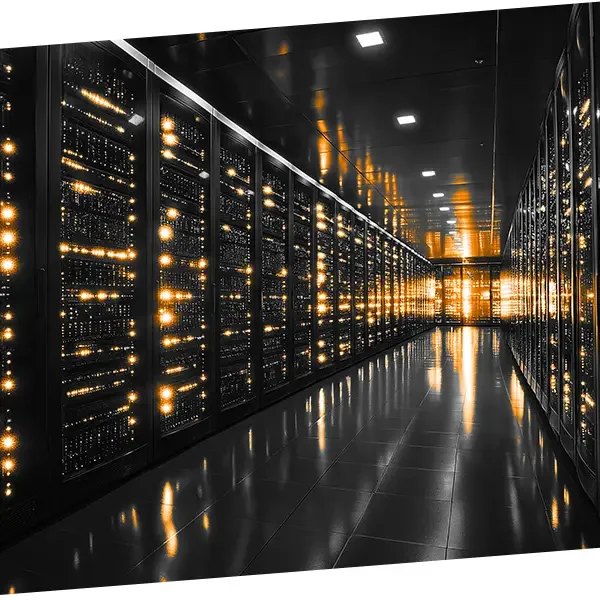 A long hallway with server racks on both sides, illuminated by yellow lights, in a data center.