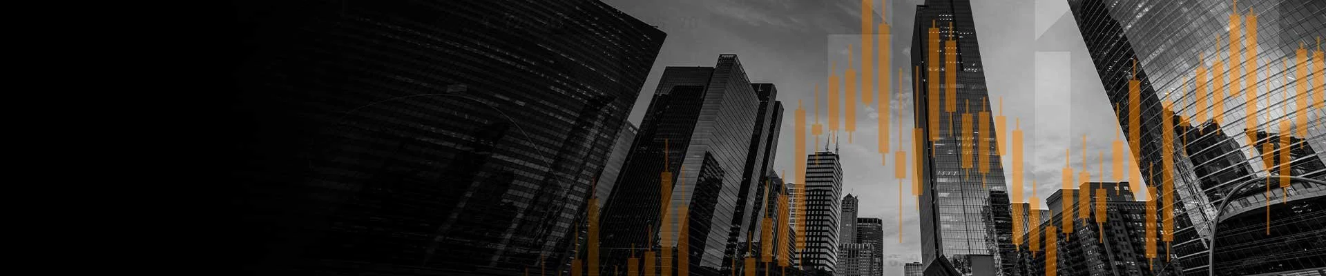 Black and white city skyline with tall modern buildings with orange and yellow financial stock charts overlaid.