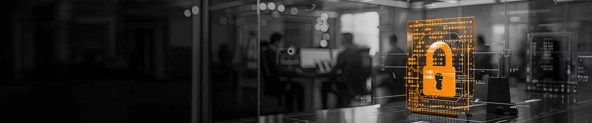 A digital graphic of an orange padlock surrounded by data lines, overlaid on a black-and-white office scene with people working at desks in the background.