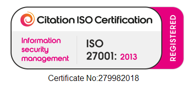 ISO certification badge for ISO 27001:2013, indicating information security management, with a certificate number 279982018.