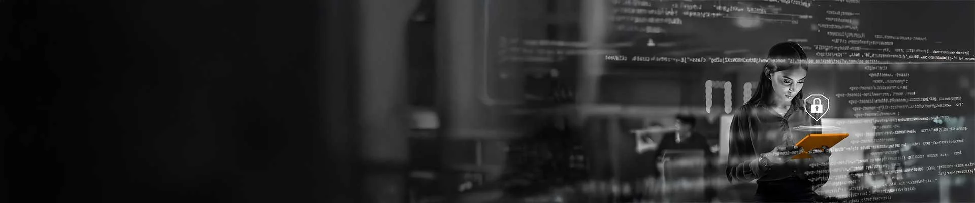 A young woman working with digital technology in a high-tech environment, surrounded by floating lines of code and security icons.