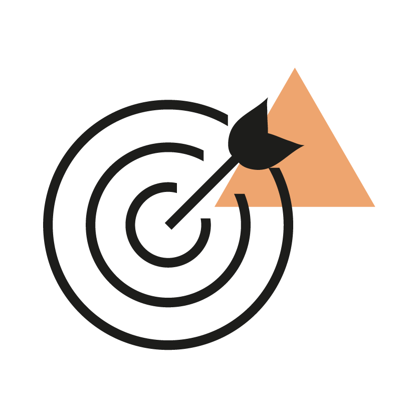 A target with an arrow hitting the bullseye, a warning triangle, and a fire symbol, indicating danger or risk.