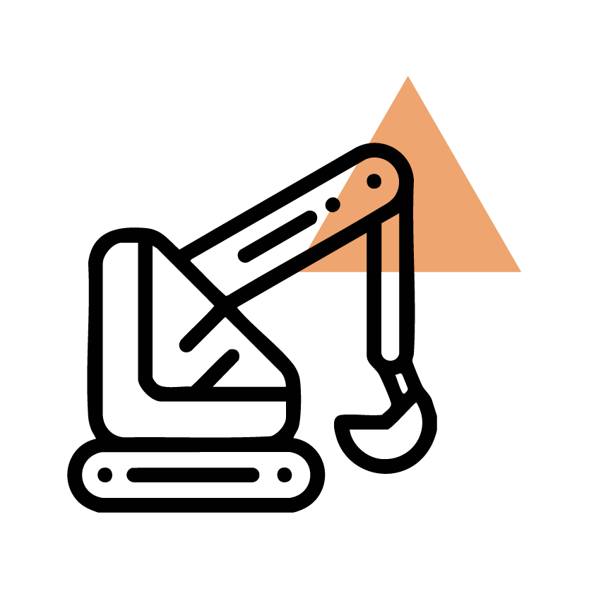 Logo with a stylized pelican inside an orange triangle and black geometric shapes.