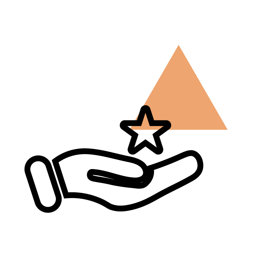A hand holding a star with an orange triangle and a black graph icon in the background.