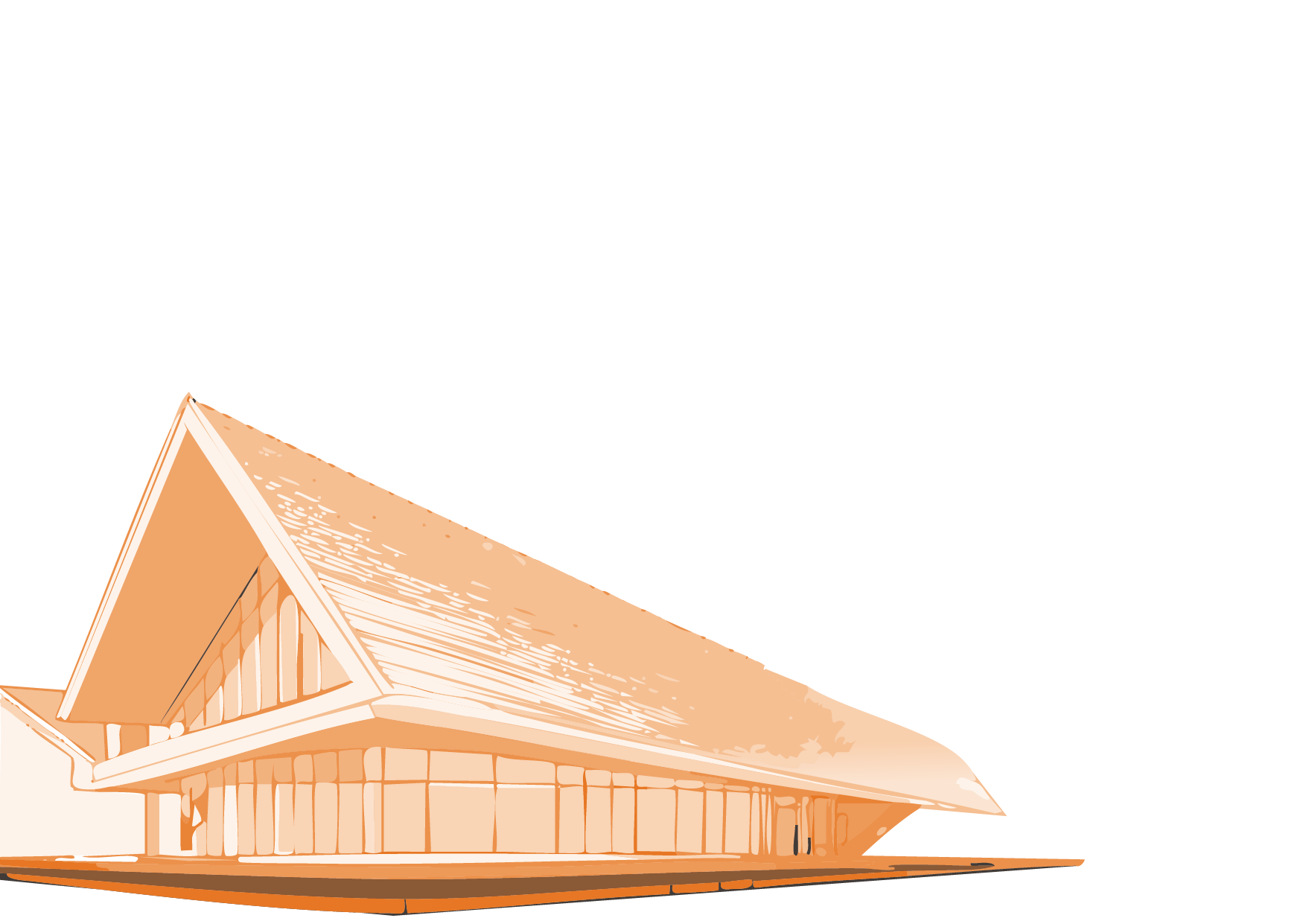 Line drawing of a traditional steeply sloped wooden house with a triangular roof, outward extending eaves, and supporting beams underneath.