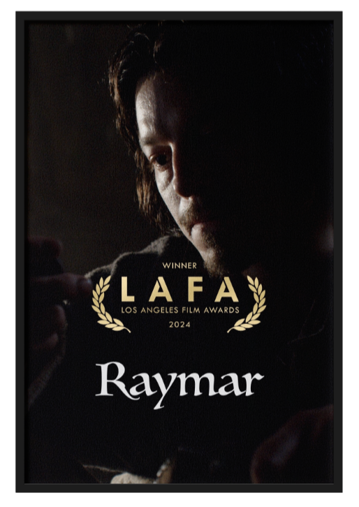 Poster for the film 'Raymar' showing a close-up of a person's face illuminated on one side in a dark background, with the text indicating it won the 2024 Los Angeles Film Awards (LAFA).
