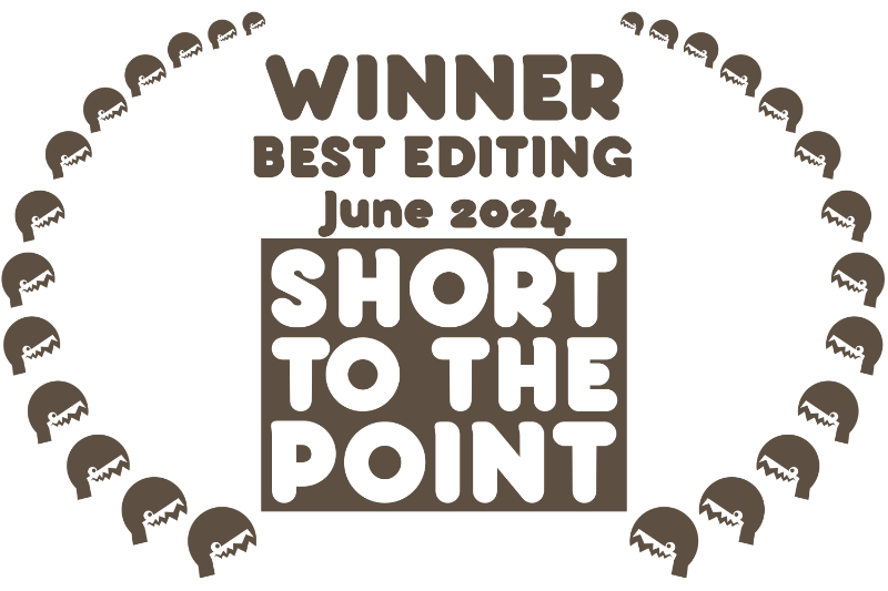 An award plaque with the text: "Winner Best Editing June 2024 Short to the Point" surrounded by a border of small skull icons.