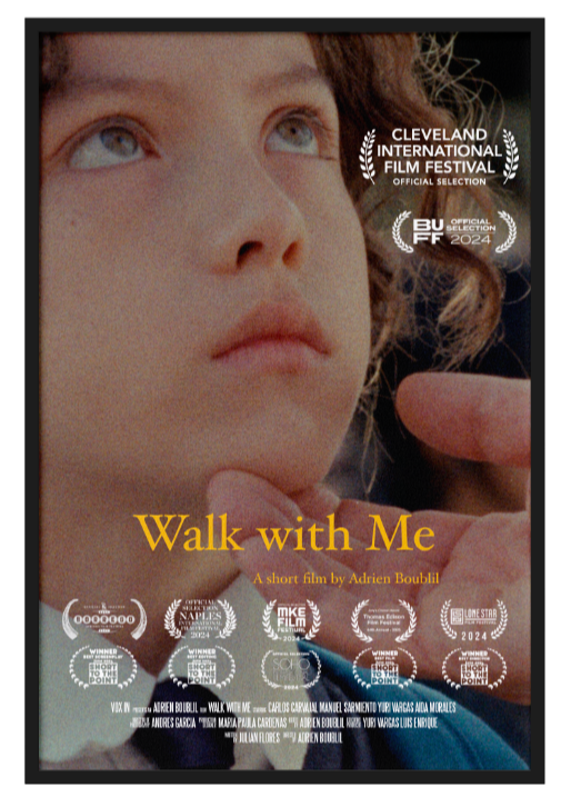 Poster for the short film "Walk with Me" by Adrien Boubli, featuring a close-up of a young girl looking upward with a thoughtful expression, with film festival laurels and awards displayed around her.