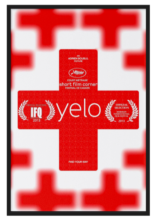 Red poster with white text and laurel wreath symbols, promoting the short film "Yelo," an official selection at the IFQ 2013 Cannes film festival.