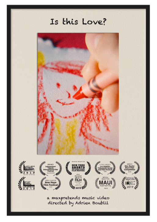 A hand coloring a crayon drawing of a smiling person with long hair, with the text 'Is this Love?' above the drawing.