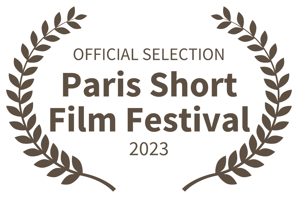 Laurel wreath surrounding text that reads 'Official Selection Paris Short Film Festival 2023' in a dark brown color on a black background.