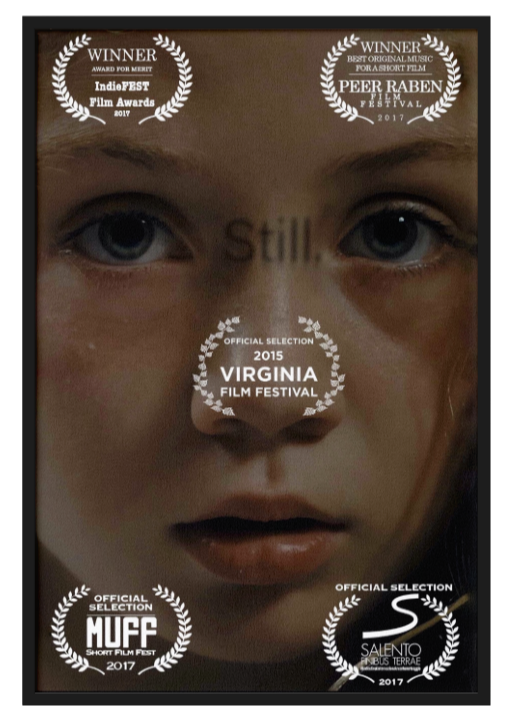 Close-up of a person's face with five film festival award laurels and official selection emblems from Virginia Film Festival, IndieFEST, Peer Raben Film Festival, MUFF Short Film Fest, and Salento IBB TERRA, all dated 2017.