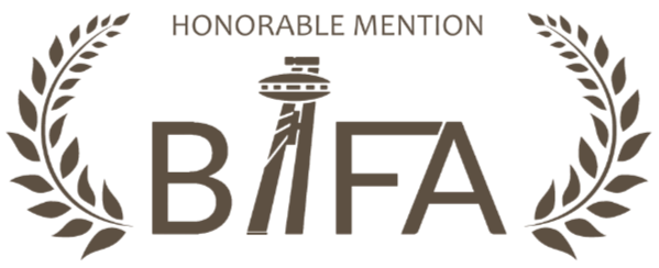 Design with text 'Honorable Mention BIFFA' and decorative laurel branches