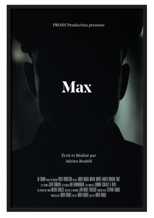 Movie poster featuring a dark silhouette of a man with a fedora hat, with title 'Max' in the center, and credits in French at the bottom.