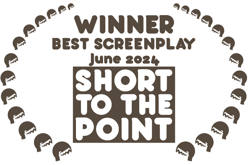 Award graphic with skull illustrations around the border, featuring text that reads 'WINNER BEST SCREENPLAY June 2024 SHORT TO THE POINT.'