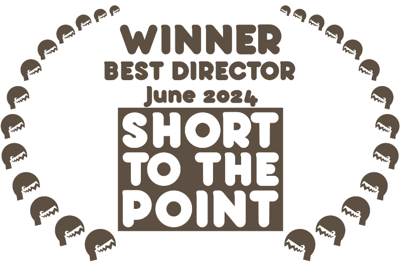 Award graphic with the text 'Winner Best Director June 2024 Short to the Point', surrounded by a circular pattern of film reel icons.