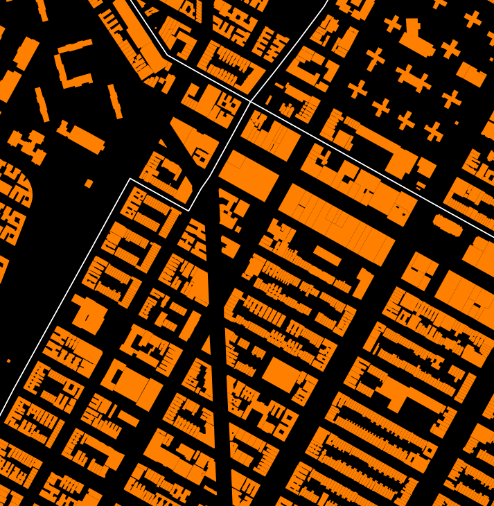 Map layout of a city with orange buildings and black streets, showing a grid pattern with some irregular blocks.