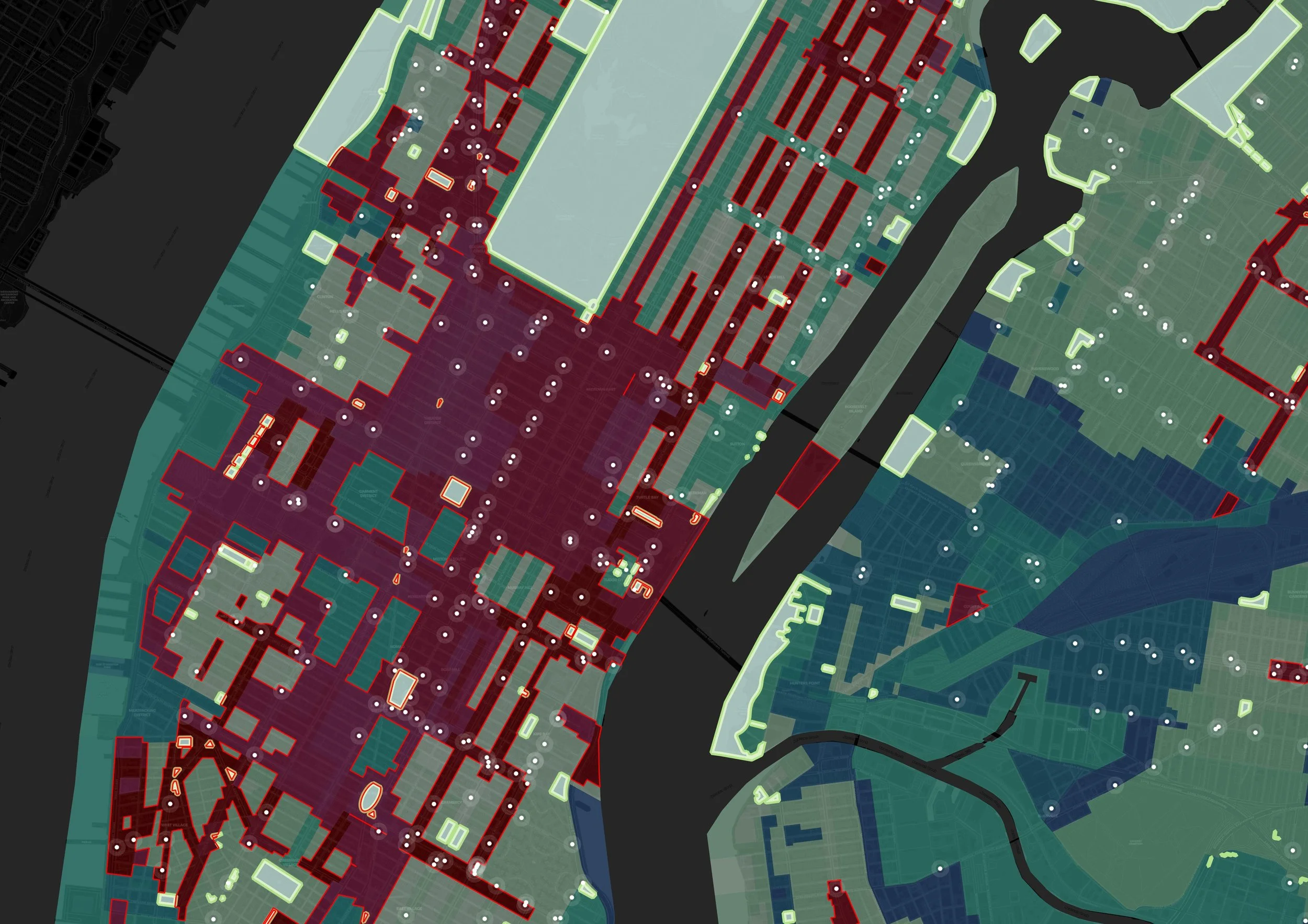 Color-coded map of an urban area showing buildings, streets, water bodies, and green spaces, with various marked points of interest and boundary lines.