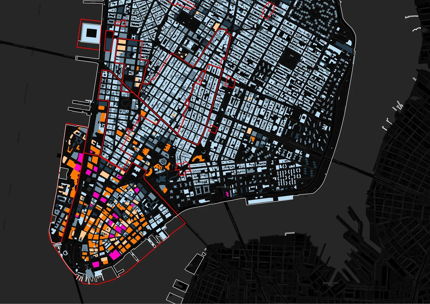 A digital map of Manhattan, showing streets, buildings, and neighborhoods outlined in different colors with a dark background.