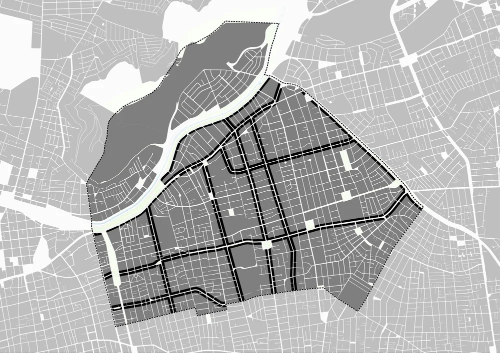 Map showing highlighted routes and boundaries within a city area, with water bodies and surrounding neighborhoods.