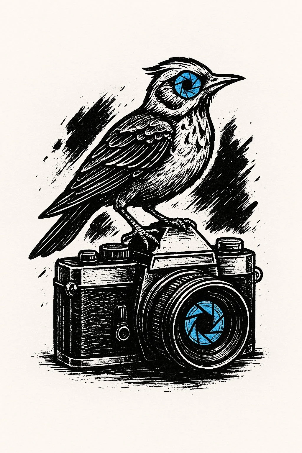 A black and white sketch of a bird with a blue eye perched on a camera, with the camera lens also having a blue aperture, against a white background.