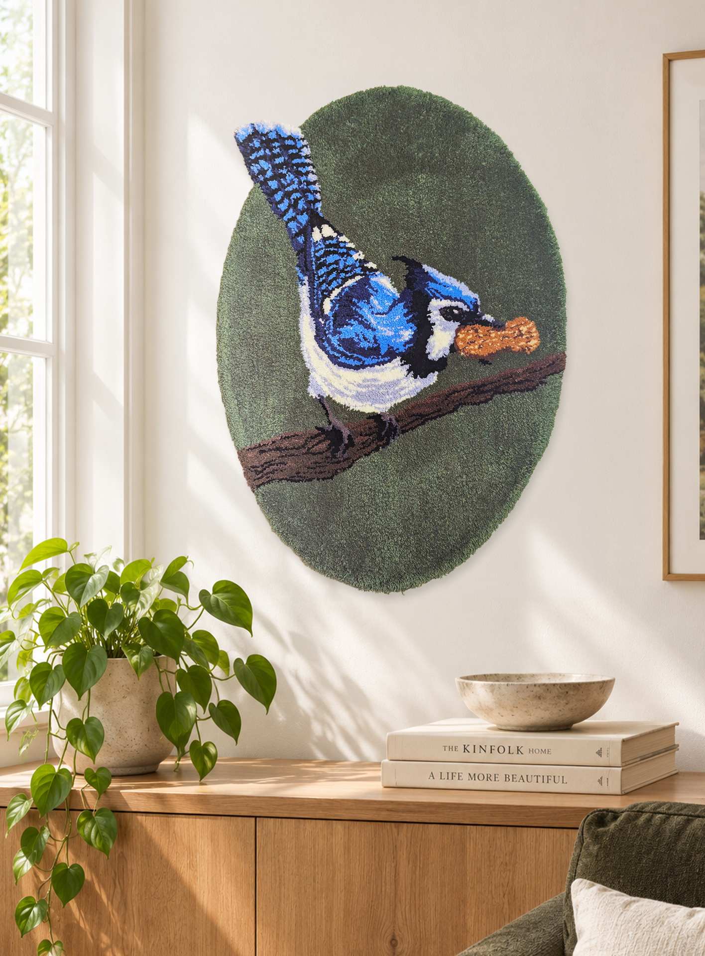 Handmade tufted blue jay rug inspired by the birds that forage in my backyard. Original wildlife fibre artwork celebrating their bold personalities and brilliant blue plumage.