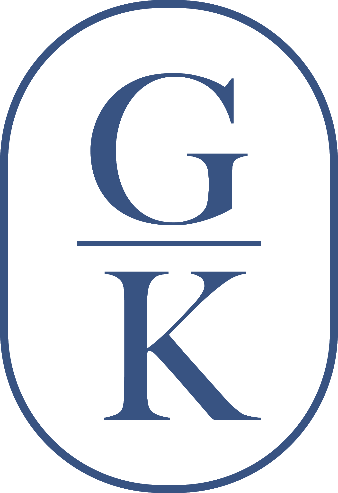 Stylized gray letter G with a smaller gray letter K inside, encased in a navy blue circle outline.