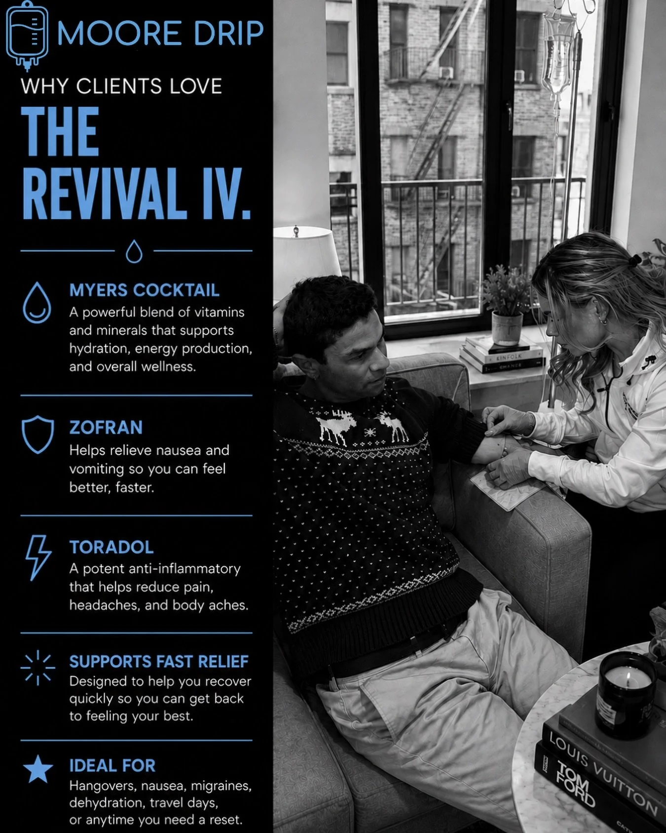 The Revival IV combines a Myers Cocktail with ondansetron and ketorolac to support hydration, recovery, and symptom relief when you&rsquo;re not feeling your best.

Featuring vitamin C, B vitamins, magnesium, calcium, and B12 alongside anti-nausea an