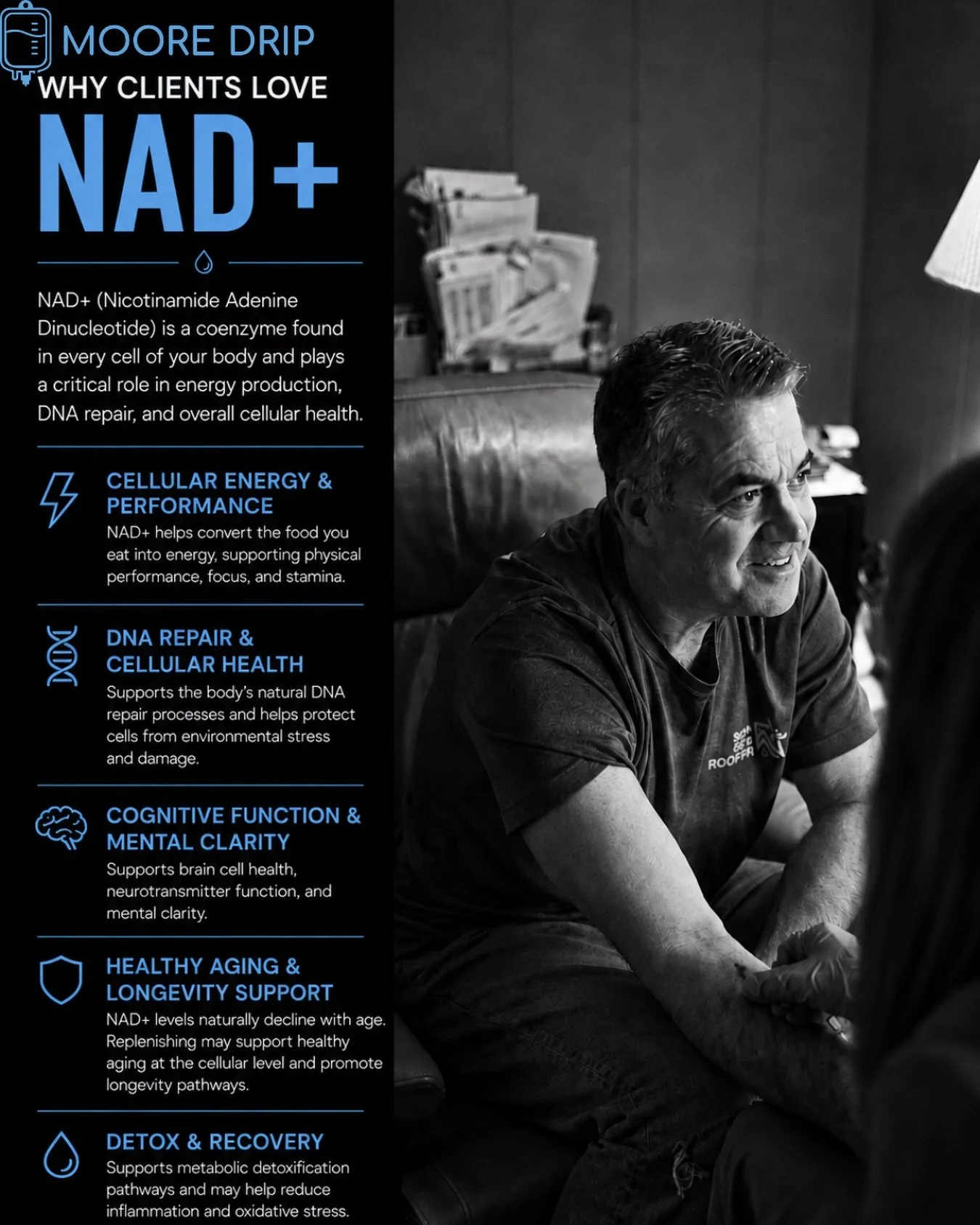 Nicotinamide adenine dinucleotide (NAD+) is a coenzyme involved in cellular energy production, mitochondrial function, DNA repair, and healthy aging. As we age, NAD+ levels naturally decline, which may contribute to reduced energy, impaired recovery,